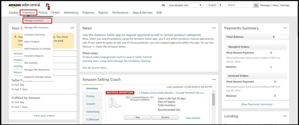 amazon manage inventory page