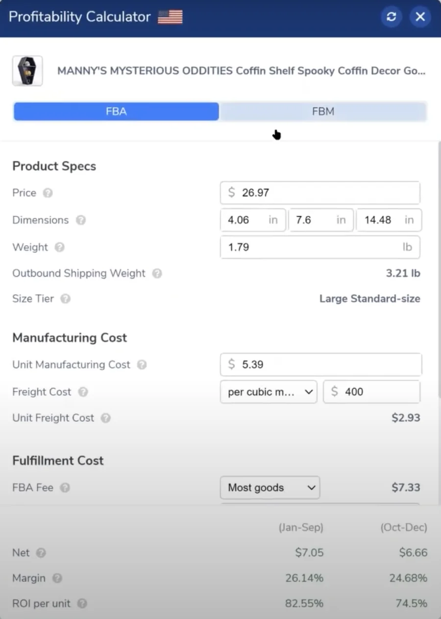 helium 10 profitability calculator screenshot